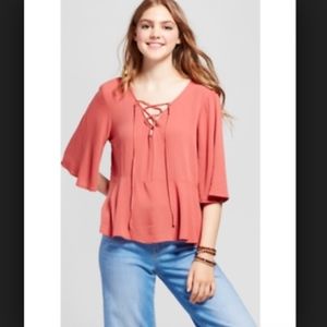 NEW Women's Woven Lace Up Blouse
